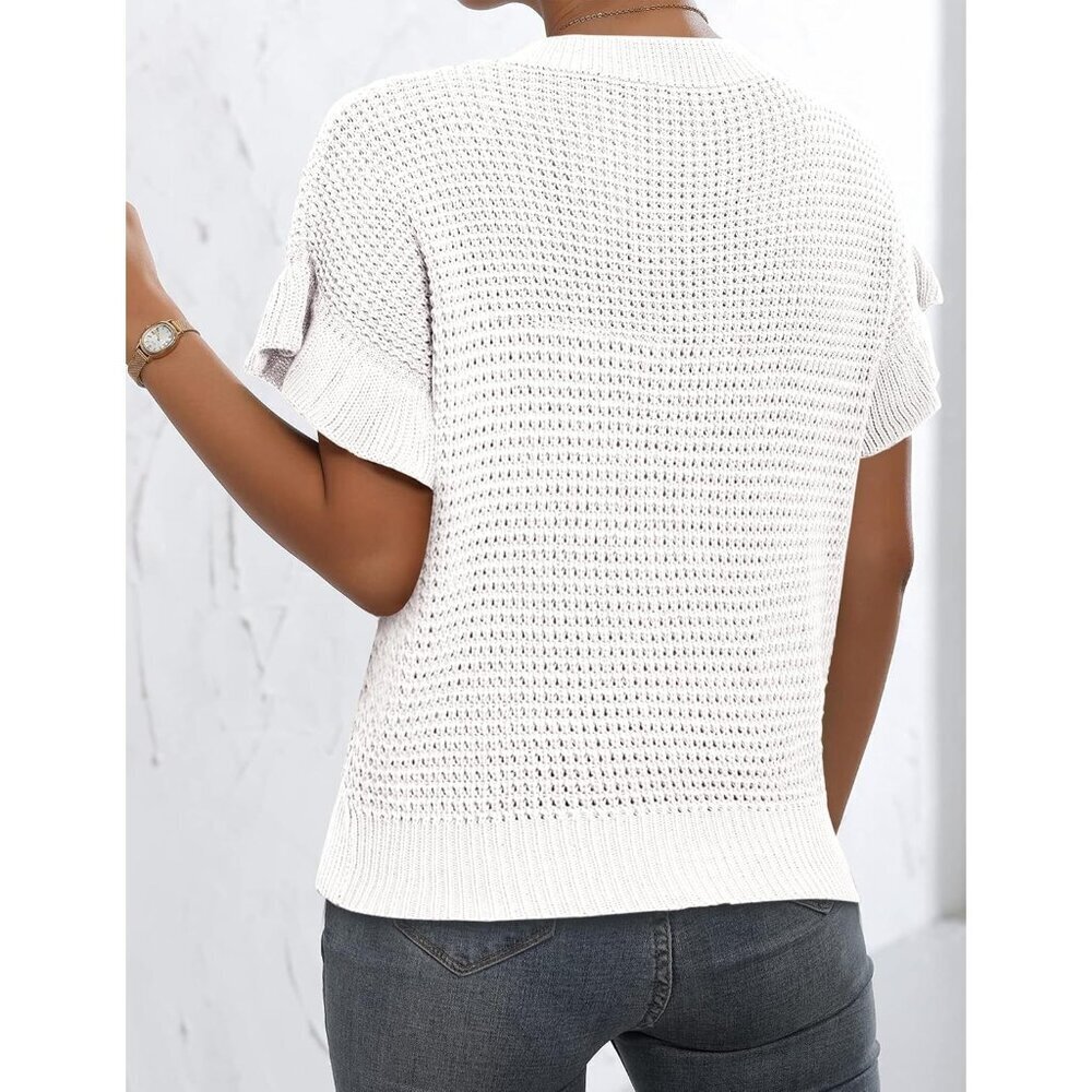 Women's Light Sweater Short Sleeve Crewneck Pullover Summer Top - Picture 4 of 4